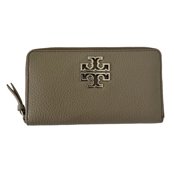 Tory Burch Large Zip Around Continental Pebbled Leather Wallet in Gray Gold Logo - Picture 1 of 9